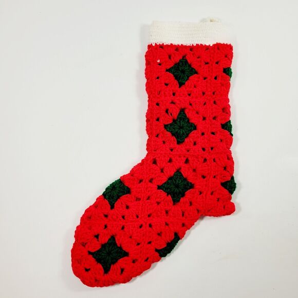 Vintage Crochet Knitted Christmas Stocking Red Green Handmade - Picture 4 of 7